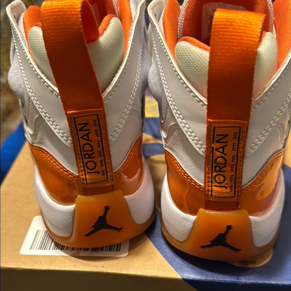 Jordan Athletic Shoes White and Orange High-Top Sneakers - Picture 4 of 7